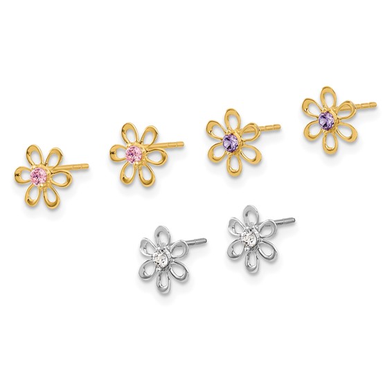 14K Yellow and White Gold Multi-color CZ Flower 3-pair Post Earring Set