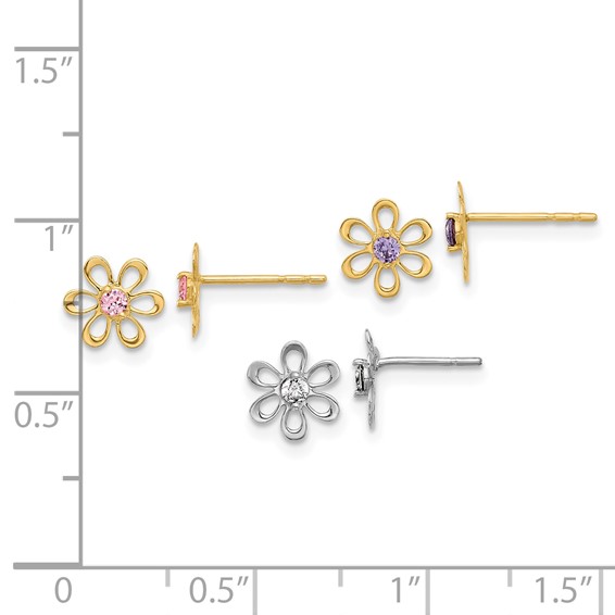 14K Yellow and White Gold Multi-color CZ Flower 3-pair Post Earring Set