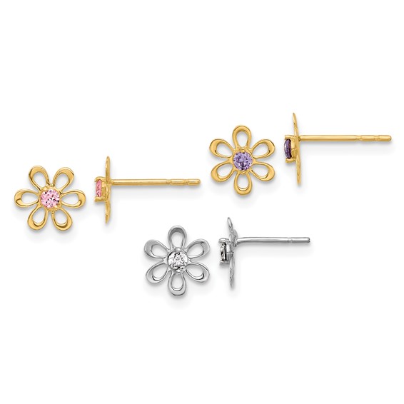 14K Yellow and White Gold Multi-color CZ Flower 3-pair Post Earring Set