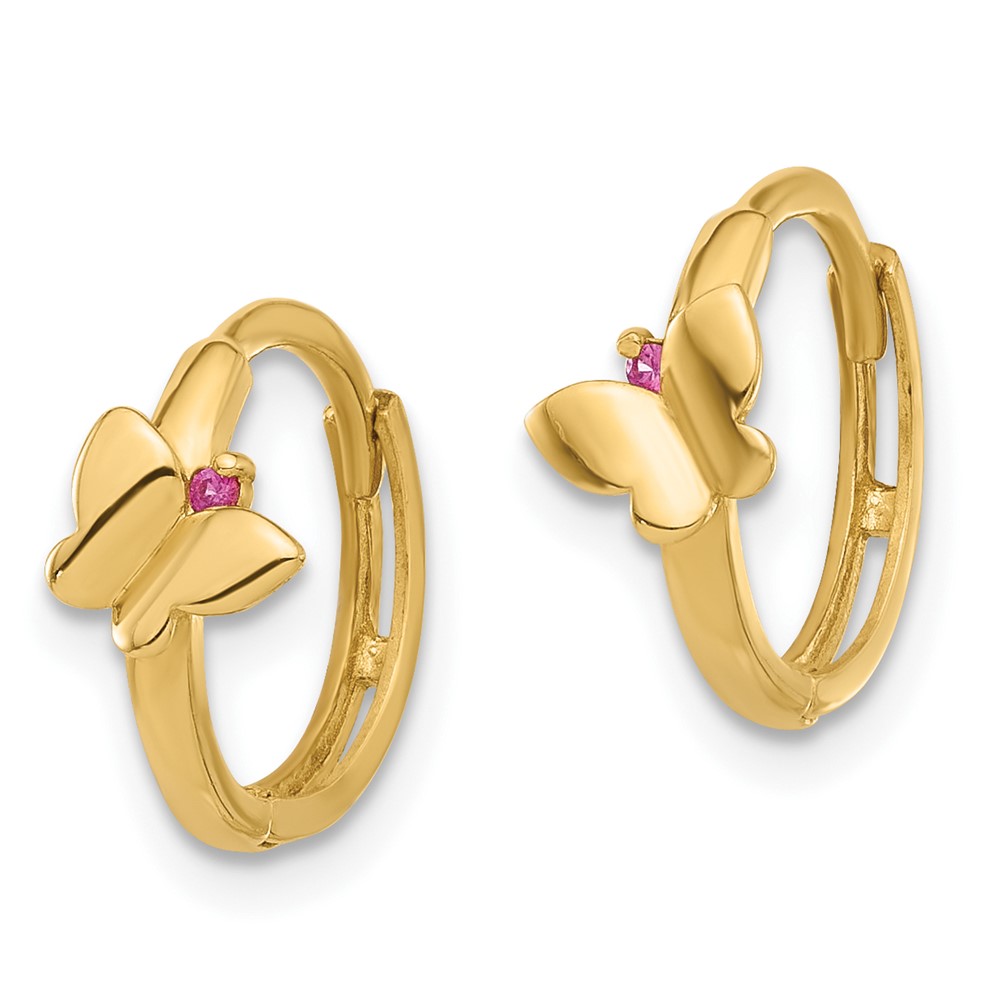 14K Polished Pink CZ Butterfly Hinged Hoop Earrings (YE2215)