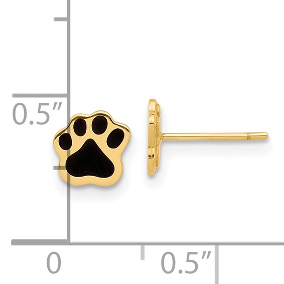 14K Polished Paw with Black Enamel Post Earrings
