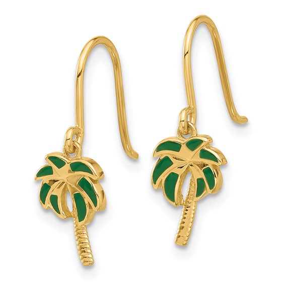 14k Polished Green Enameled Palm Tree Dangle French Hook Earrings