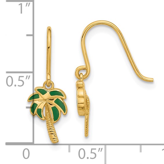 14k Polished Green Enameled Palm Tree Dangle French Hook Earrings