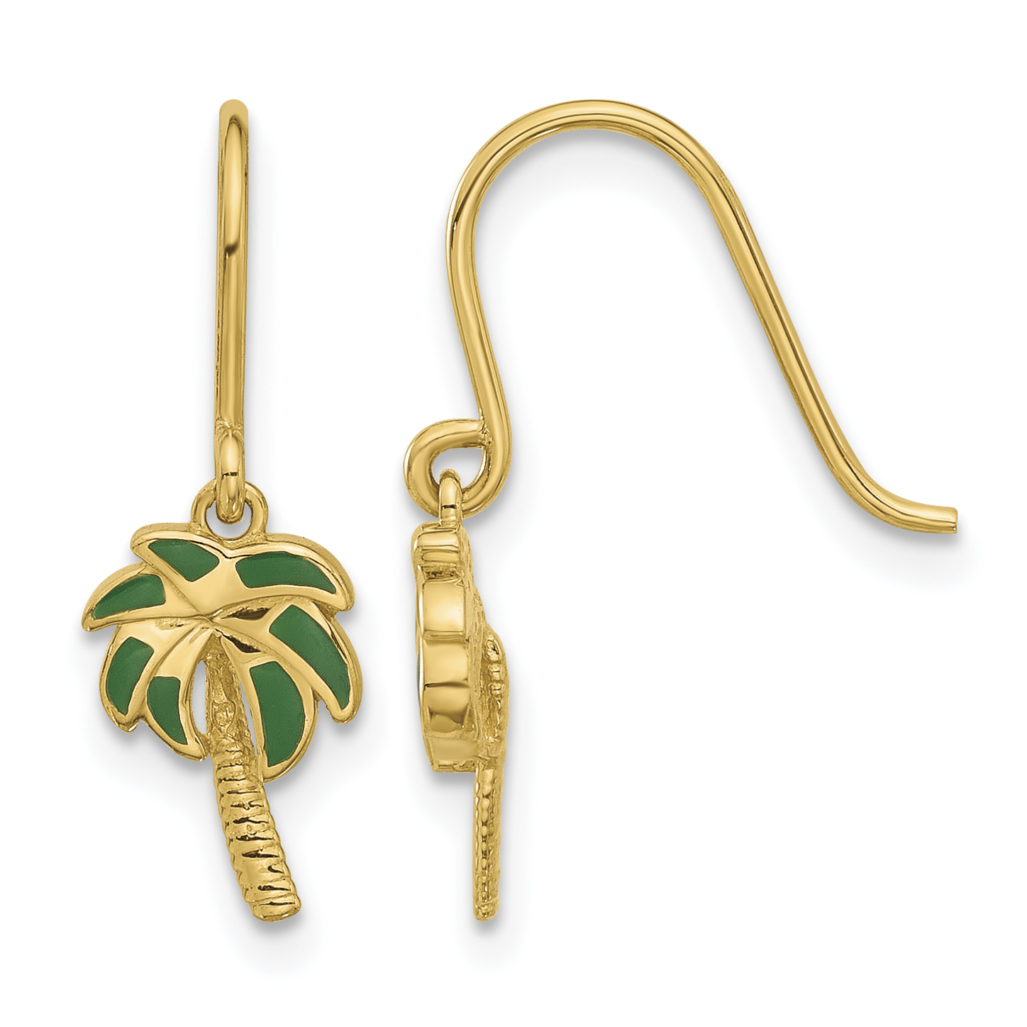 14k Polished Green Enameled Palm Tree Shepherd Hook Dangle Earrings (YE2218)