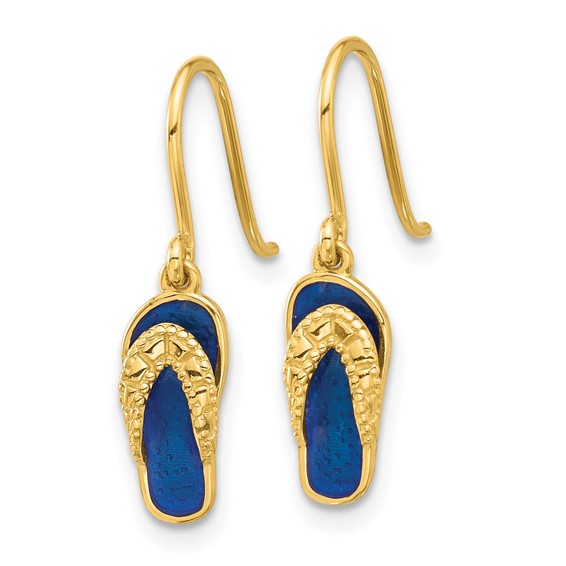 14k Polished Blue Enameled Flip-Flop French Hook Dangle Earrings