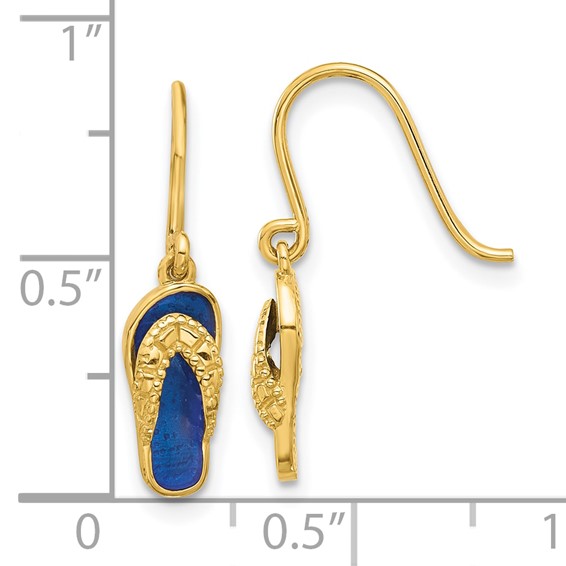 14k Polished Blue Enameled Flip-Flop French Hook Dangle Earrings