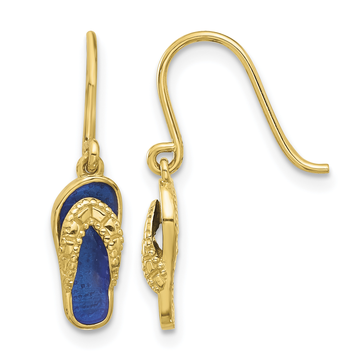 14k Polished Blue Enameled Flip Flop Shepherd Hook Dangle Earrings (YE2219)