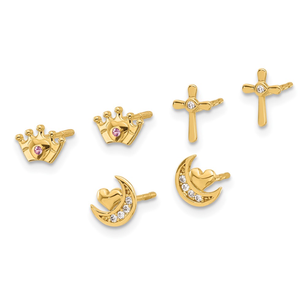 14K Polished CZ Moon Cross and Crown Post Earring Set (YE2221)