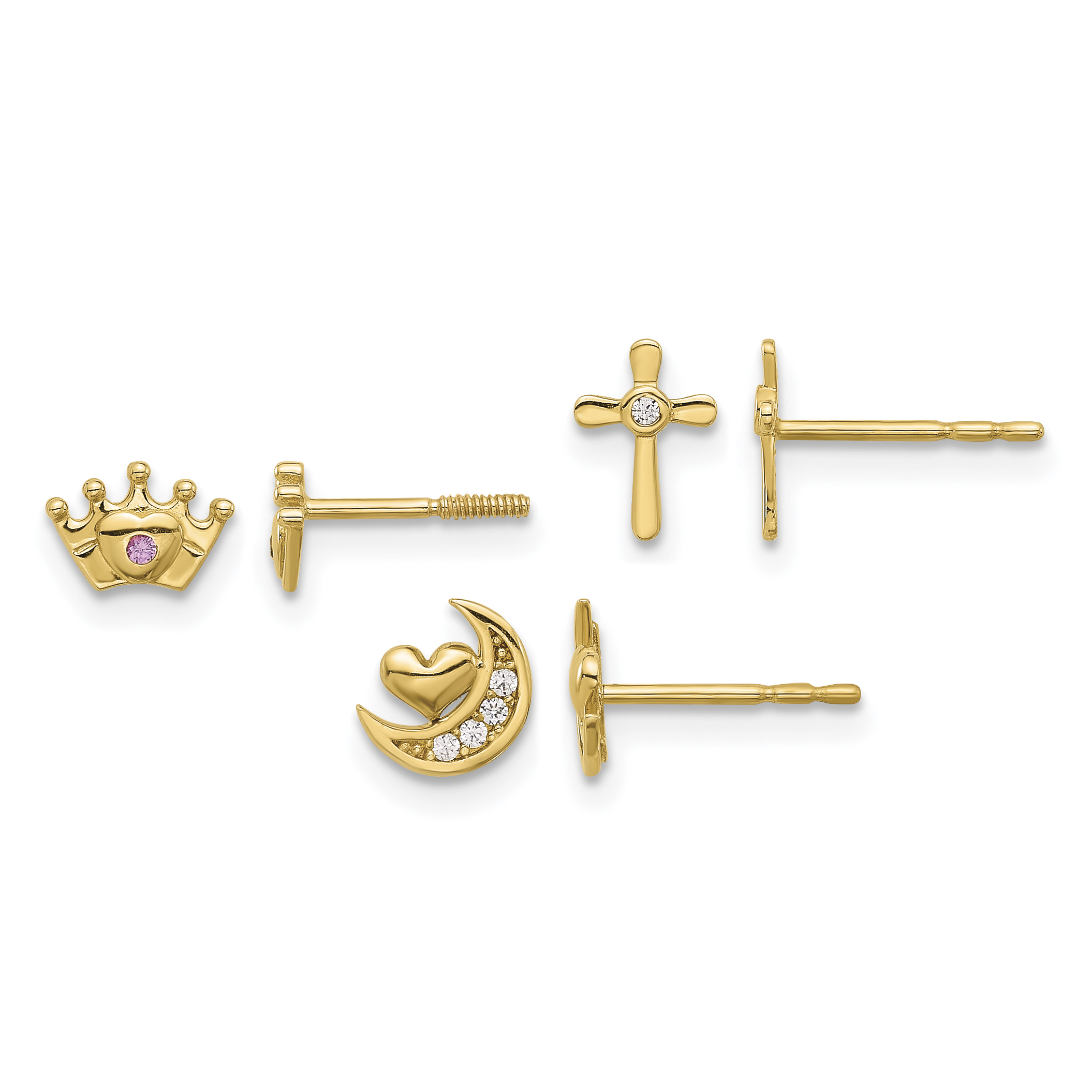 14K Polished CZ Moon Cross and Crown Post Earring Set (YE2221)