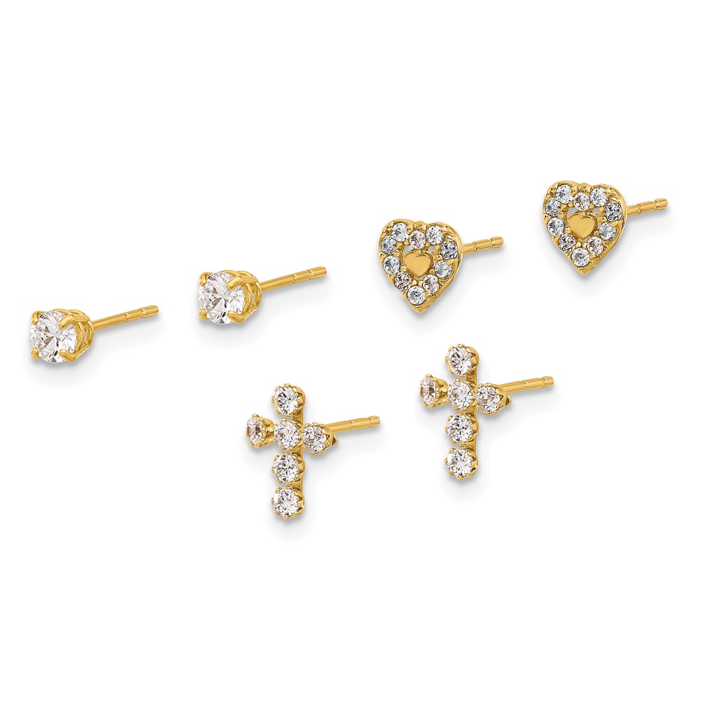 14K Polished CZ Cross Heart and Stud Post Earring Set (YE2227SET)