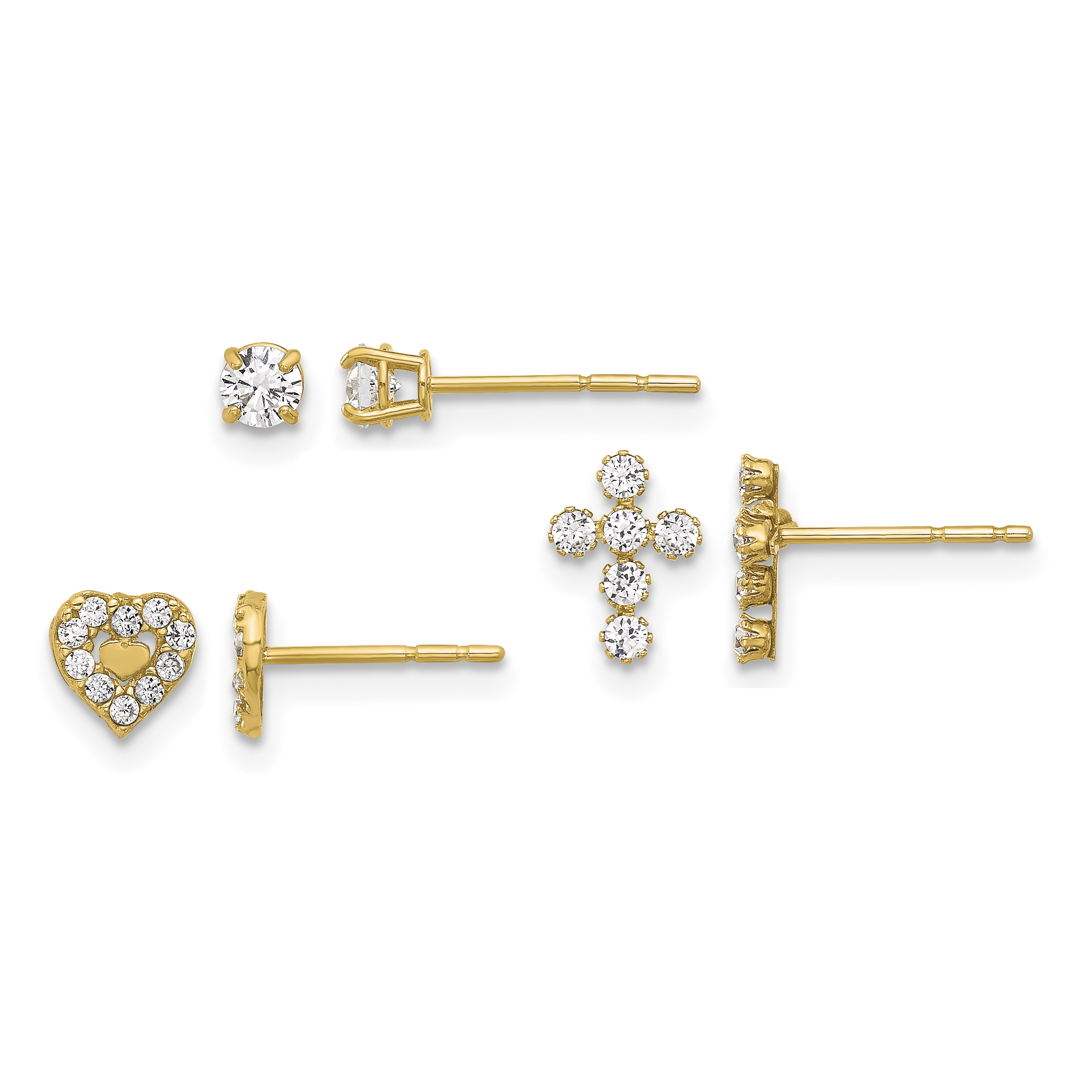 14K Polished CZ Cross Heart and Stud Post Earring Set (YE2227SET)