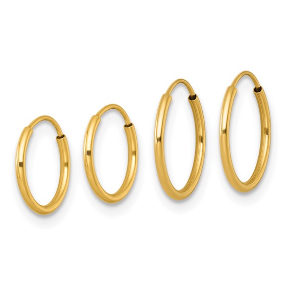 14k Polished Set of Two Pair 1.00x12mm and 1.00x10mm Endless Hoop Earrings