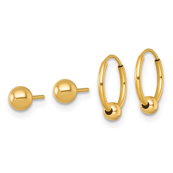 14k Set of Two Pair 4.00mm Ball Post and Beaded Endless Hoop Earrings