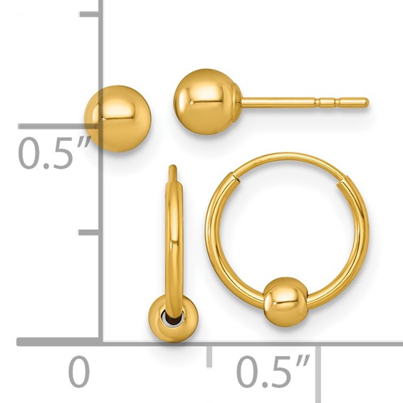 14k Set of Two Pair 4.00mm Ball Post and Beaded Endless Hoop Earrings