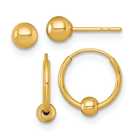 14k Set of Two Pair 4.00mm Ball Post and Beaded Endless Hoop Earrings