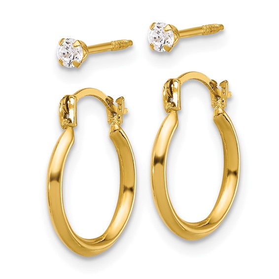 14k Set of Two Pair Polished 1.50x14mm Hoop and 2.5mm White CZ Screwback Post Earrings