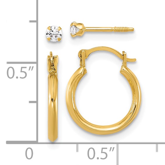 14k Set of Two Pair Polished 1.50x14mm Hoop and 2.5mm White CZ Screwback Post Earrings