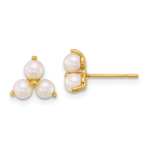 14k Polished Trio Freshwater Cultured Button Pearls Post Earrings