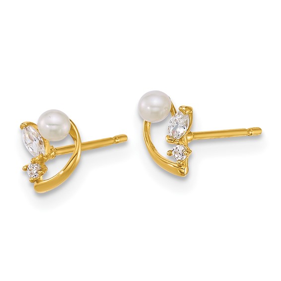 14k Polished CZ and White Freshwater Cultured Pearl Post Earrings
