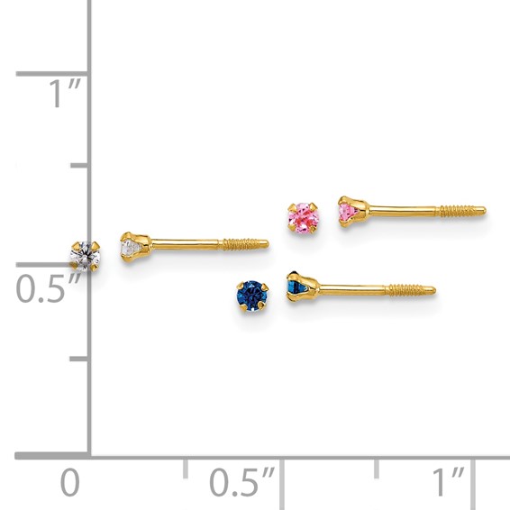 14k Polished 2mm White/Pink/Blue CZ Screwback Post Set of 3 Pair Earrings