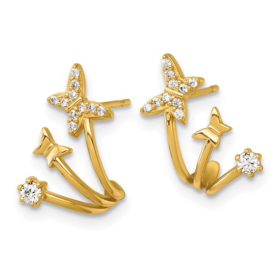 14k Polished CZ Double Butterfly Post Cuff Earrings