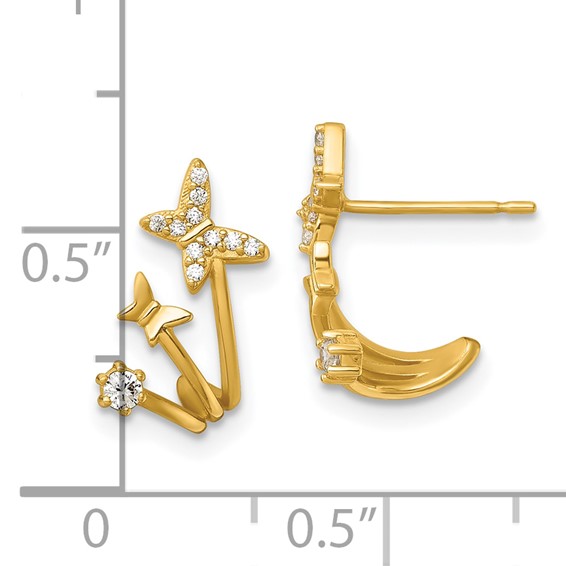 14k Polished CZ Double Butterfly Post Cuff Earrings