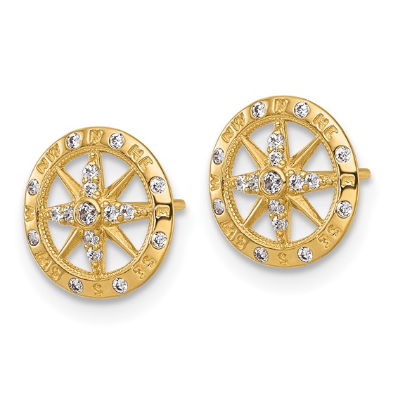 14k Polished White CZ Compass Post Earrings