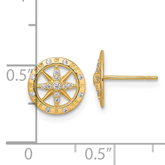 14k Polished White CZ Compass Post Earrings