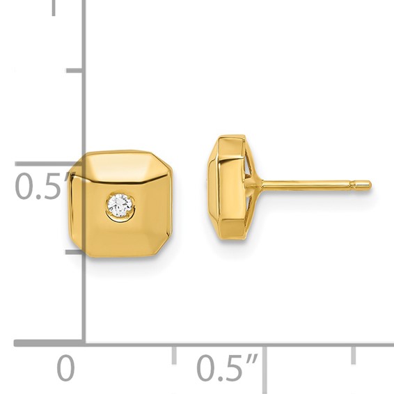 14ky Polished Faceted Square with CZ Post Earrings