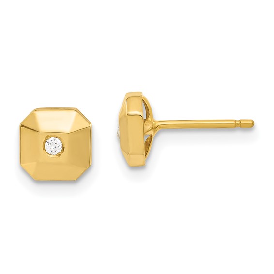 14ky Polished Faceted Square & CZ Post Earrings