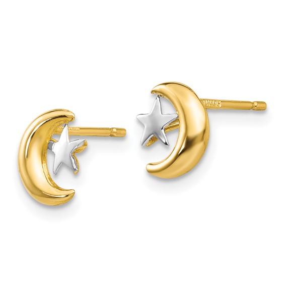 14k and White Rhodium Polished Moon and Star Post Earrings