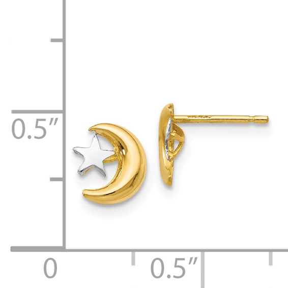 14k and White Rhodium Polished Moon and Star Post Earrings