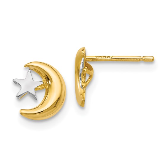 14k and White Rhodium Polished Moon and Star Post Earrings