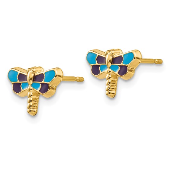 14k Blue Enameled Dragonfly Post Earrings