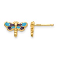 14K Yellow Gold Blue Enameled Dragonfly Post Earrings view 1
