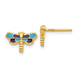 14k Blue Enameled Dragonfly Post Earrings