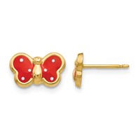 14K Yellow Gold Red and White Enameled Butterfly Post Earrings view 1