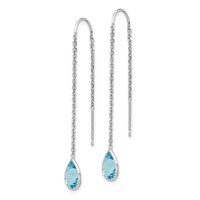 14K White Gold Blue Topaz Pear Bezel Threader Earrings view 2