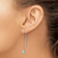 14K White Gold Blue Topaz Pear Bezel Threader Earrings view 3