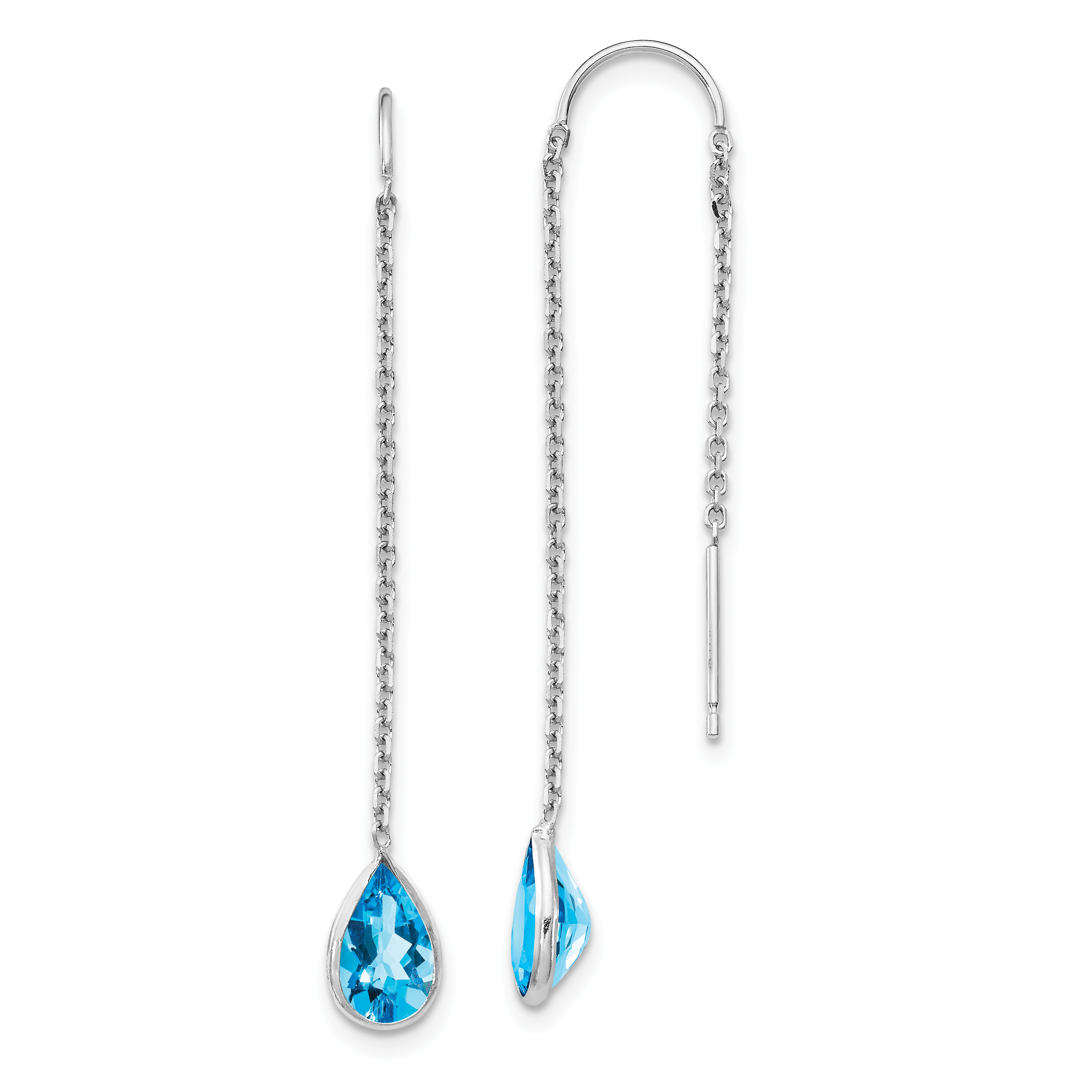 14k White Gold Blue Topaz Pear Bezel Threader Earrings (YE682)