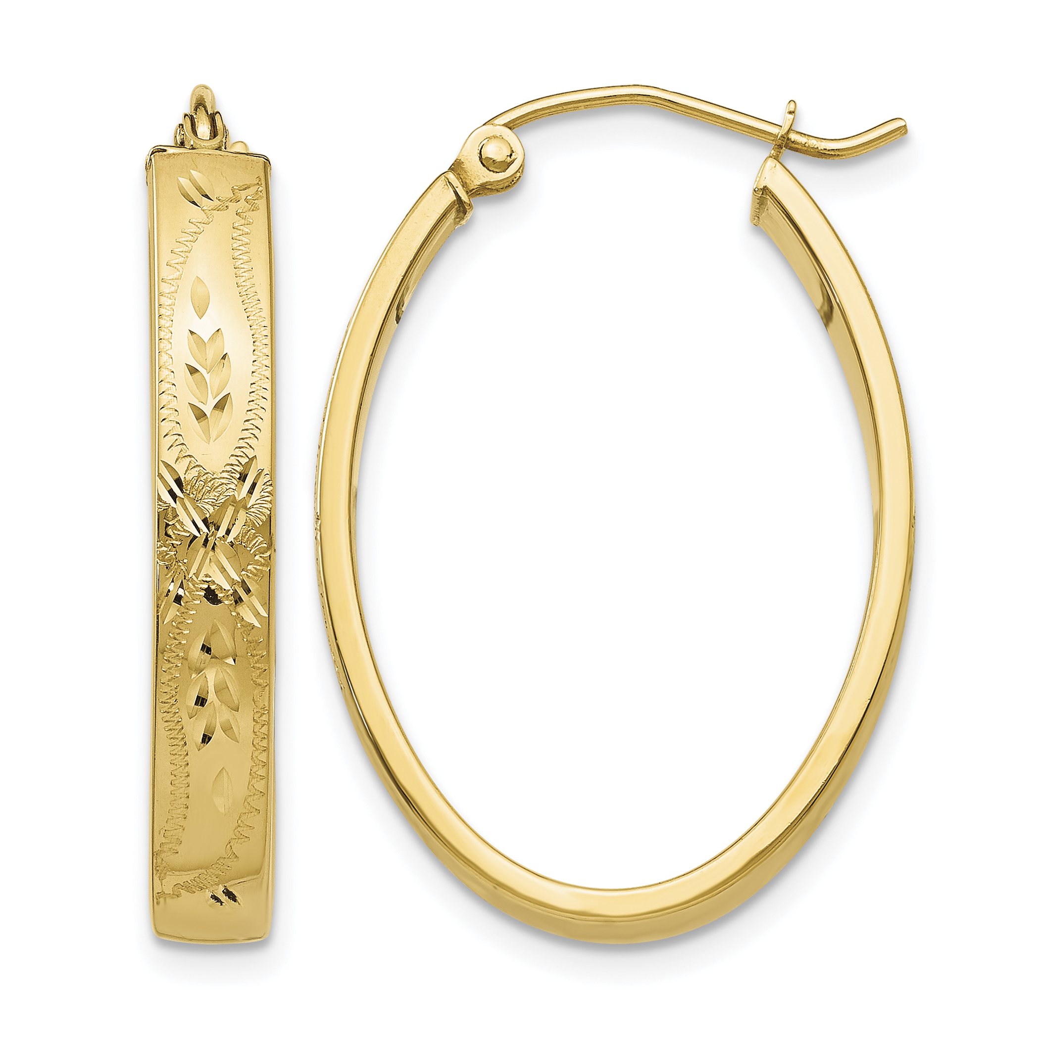 14k Satin & Diamond-Cut Oval Hoop Earrings (Z357)