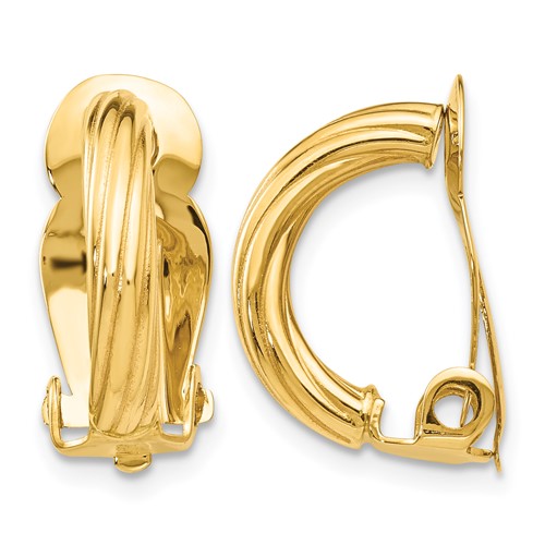 14K Yellow Gold 3x 16mm Ribbed Half Hoop Omega Back Non-Pierced Earrings