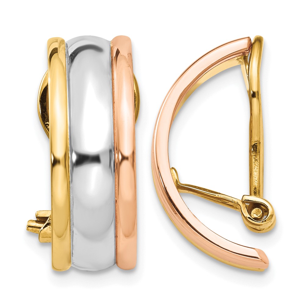 14K Tri-color 7x 18mm Polished Half Hoop Omega Back Non-pierced Earrings