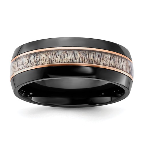 Chisel Black Zirconium Polished Rose IP-plated Band with Antler Inlay 8mm
