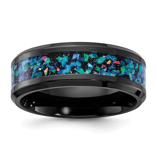Chisel Black Zirconium Polished Band with Imitation Opal Inlay 8mm
