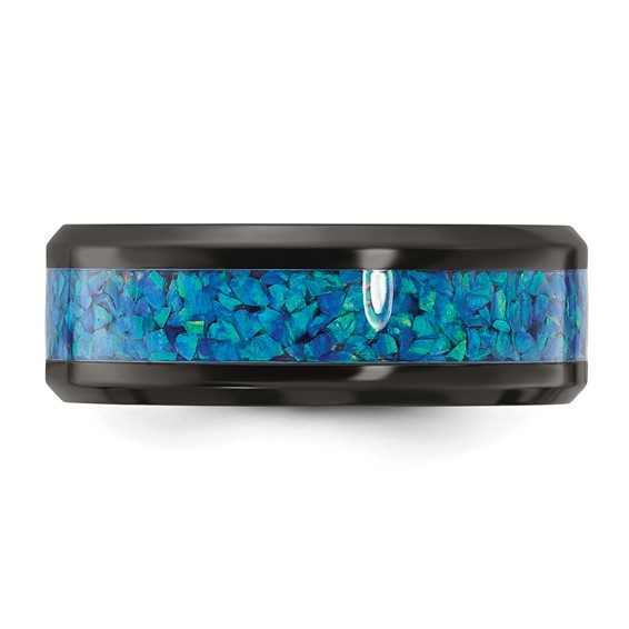 Chisel Black Zirconium Polished with Blue Imitation Opal Inlay 8.00mm Band
