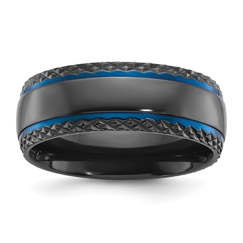 Chisel Black Zirconium Polished Blue IP-plated Band with Textured Edge 8mm