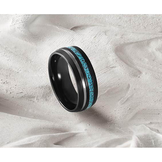 Chisel Black Zirconium Brushed and Polished with Imitation Turquoise Inlay 8mm Band