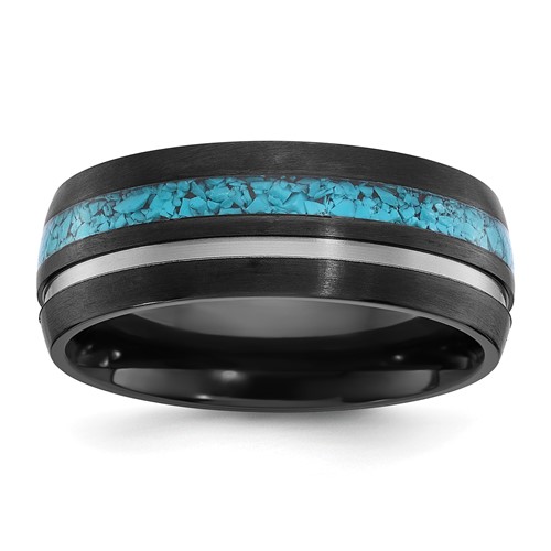 Chisel Black Zirconium Brushed and Polished Band with Imitation Turquoise Inlay 8mm
