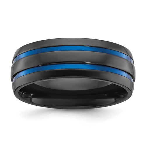 Chisel Black Zirconium Polished Band with Blue IP-plated Stripes 8mm